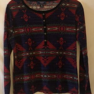 Vtg Chaps Womens PXL Long Slv Multicolor Purple Red Green Aztec Henley Stretch